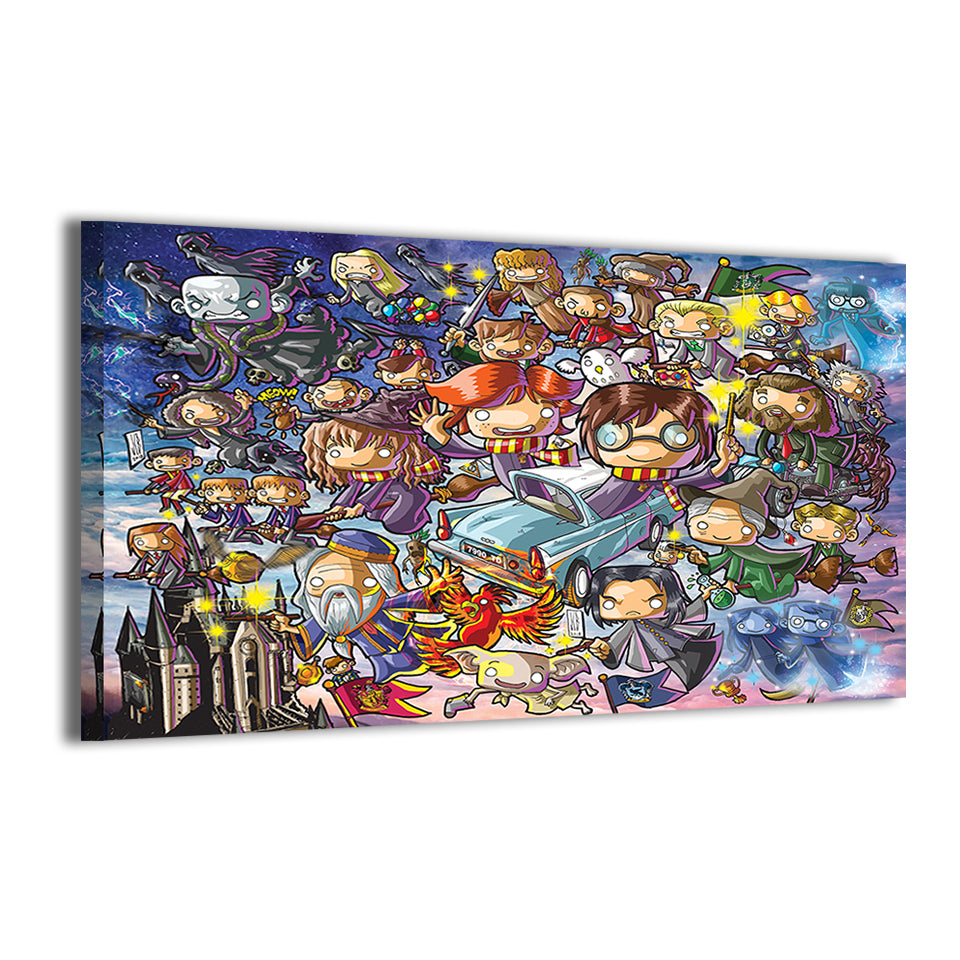 Wizarding Mayhem Canvas Print — bustling wizarding collage (students on brooms, spells, creatures, castle), artwork by Jeff Benitez; gallery-wrapped, ready to hang.