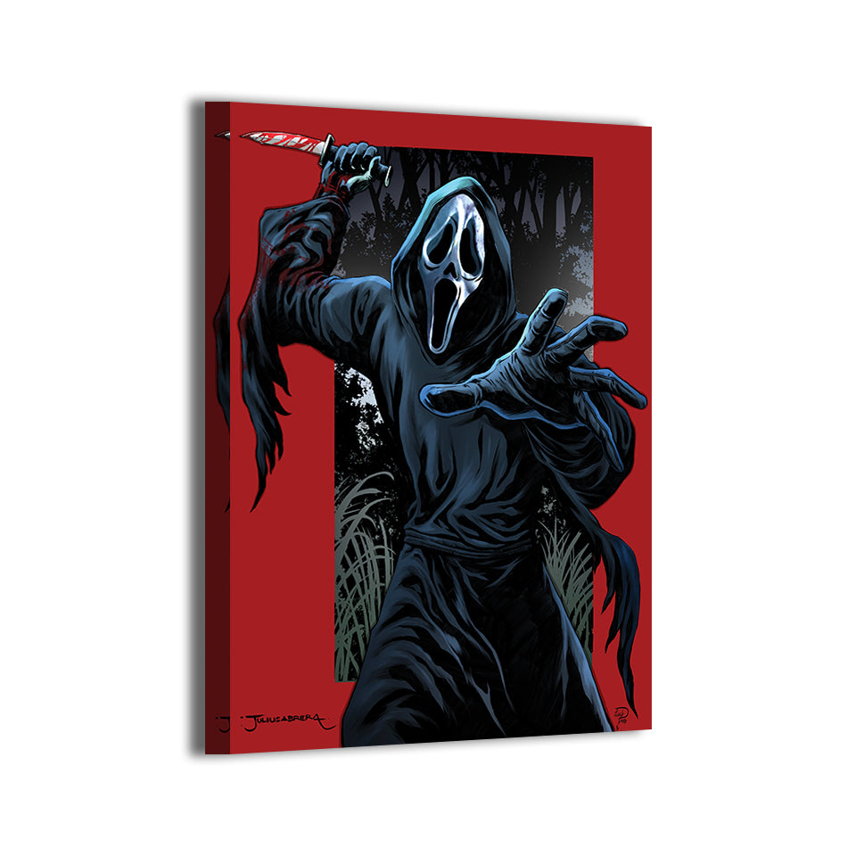 Ghostface Scream wall art on canvas, artwork by Julius Abrera with colors by Ibrahim Aydin, gallery‑wrapped and ready to hang.