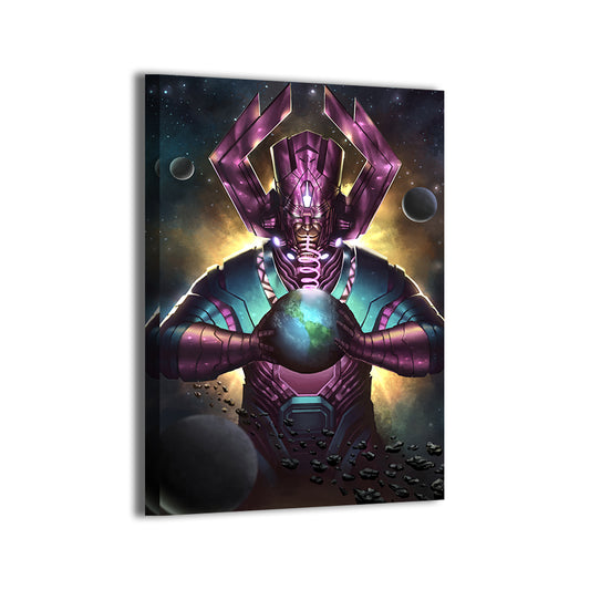 Galactus gripping a world among asteroids and nebula light; Oliver Morit artwork on gallery-wrapped canvas.