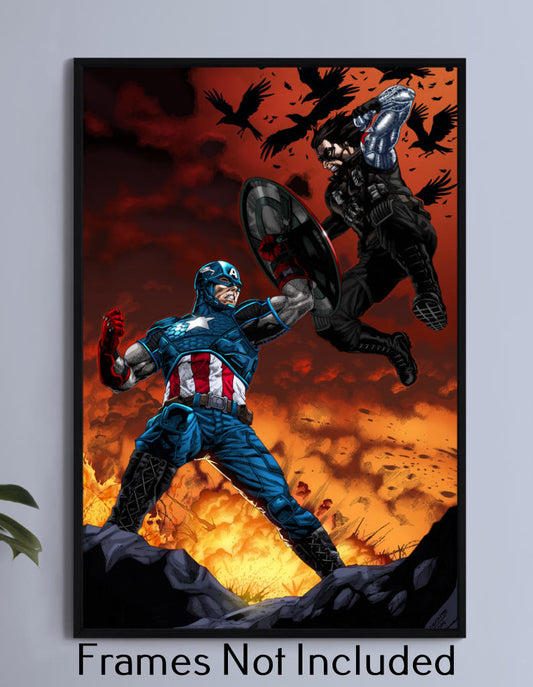 “Winter Soldier vs Captain America Wall Art – intense Marvel battle scene on canvas, acrylic, or metal.”

