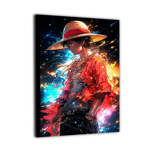High-quality canvas wall art showcasing a pirate figure in a red coat illuminated by cosmic light, swirling energy effects, and dramatic anime-style atmosphere.