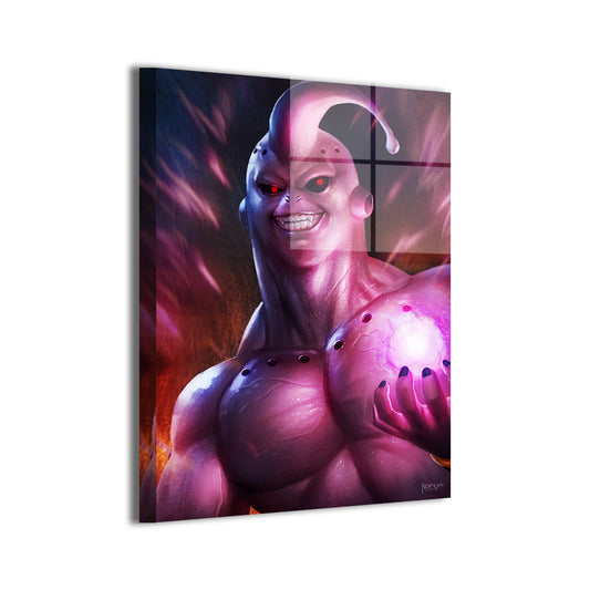 24x36 acrylic print of pink Majin Buu with dynamic aura and glowing effects