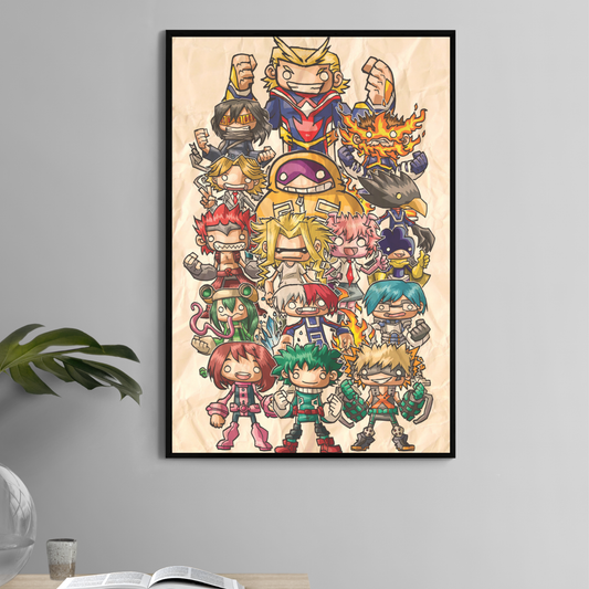 11x17 print featuring chibi-style My Hero Academia characters including Deku, Bakugo, All Might, and more
