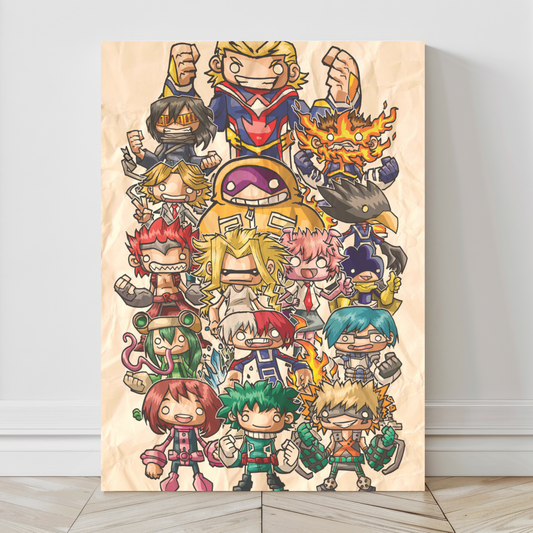 24x36 chibi My Hero Academia wall art canvas with full MHA lineup in playful style