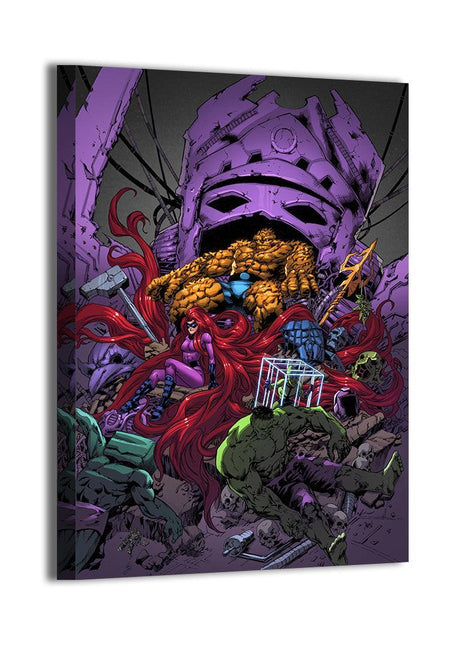 Clobberin' Time Clash Acrylic print room mockup featuring The Thing battling Hulk and Black Bolt, Marvel wall art.