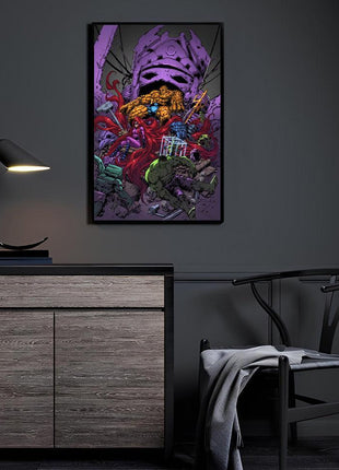 Clobberin' Time Clash Canvas and Metal print room mockup featuring The Thing battling Hulk and Black Bolt, Marvel wall art.