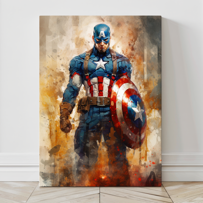 Close-up view of Captain America Watercolors Wall Art showcasing vibrant watercolor details and dynamic design