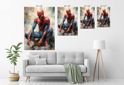 Close-up view of Spider-Man Watercolor Wall Art showcasing vibrant watercolor details and bold colors