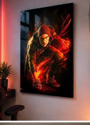 Conduit Lightning Surge Cole MacGrath inFAMOUS acrylic wall art displayed in a realistic modern gaming office