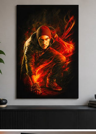 Conduit Lightning Surge Cole MacGrath inFAMOUS acrylic wall art displayed above a modern console in a realistic living space