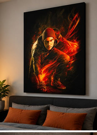 Conduit Lightning Surge Cole MacGrath inFAMOUS canvas wall art displayed above a bed in a realistic modern bedroom