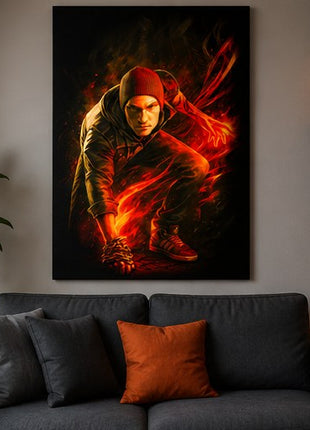 Conduit Lightning Surge Cole MacGrath inFAMOUS canvas wall art displayed in a realistic modern living room