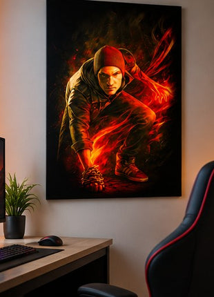 Conduit Lightning Surge Cole MacGrath inFAMOUS metal wall art displayed in a realistic modern gaming office