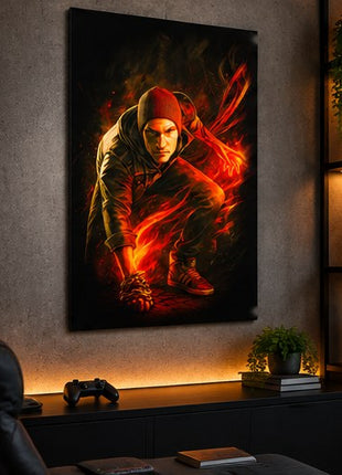 Conduit Lightning Surge Cole MacGrath inFAMOUS metal wall art displayed in a realistic modern media lounge