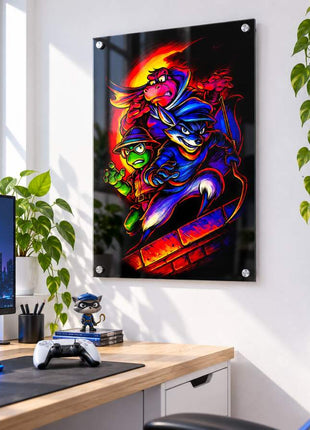 Cooper Gang Caper Sly Cooper crew acrylic wall art in a bright gaming office