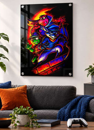 Cooper Gang Caper Sly Cooper crew acrylic wall art in a modern media lounge