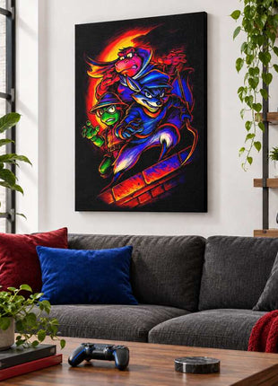 Cooper Gang Caper Sly Cooper crew canvas wall art in a cozy gaming lounge