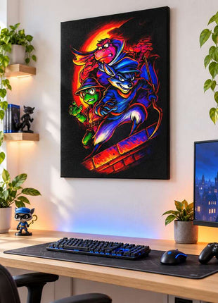 Cooper Gang Caper Sly Cooper crew canvas wall art in a bright gaming room