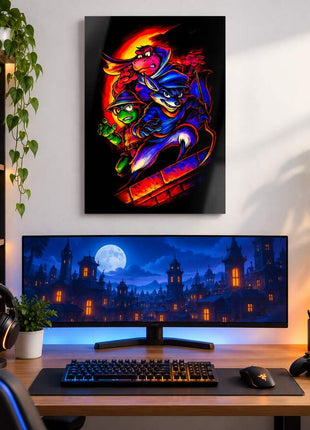Cooper Gang Caper Sly Cooper crew metal wall art above a modern gaming desk