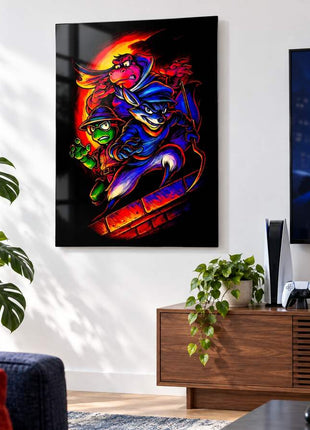 Cooper Gang Caper Sly Cooper crew metal wall art in a bright media room