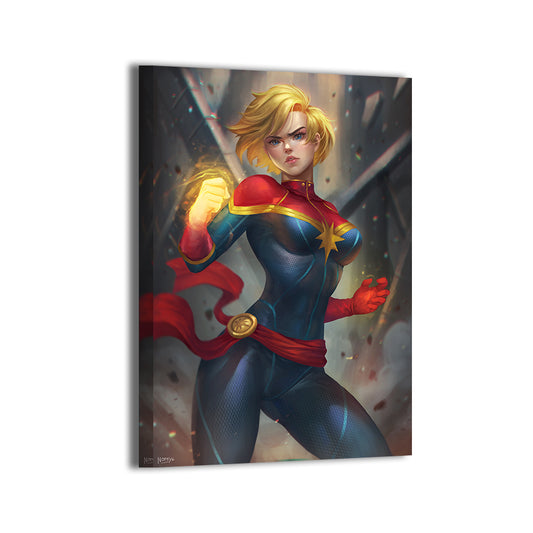 Canvas—red-blue suit, power flaring amid debris; art by Nopeys.