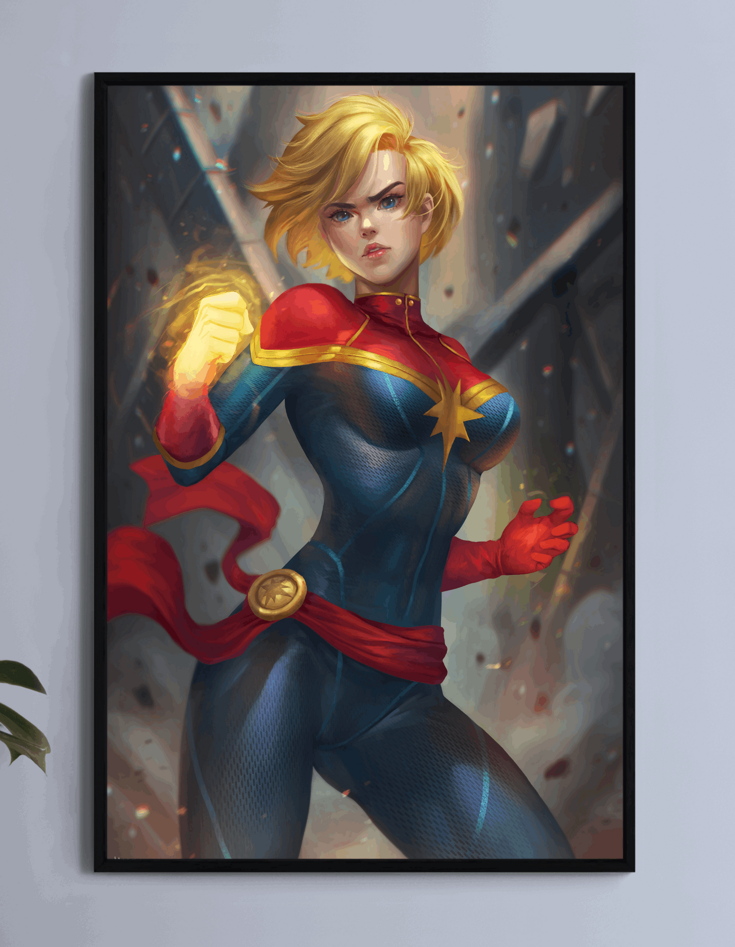 Cosmic heroine charging a golden photon blast; artwork by Nopeys.