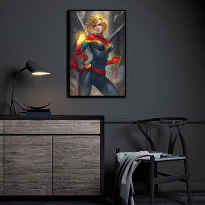 Room mockup—cosmic heroine artwork glowing with energy on wall.