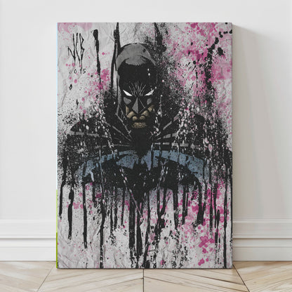 Canvas — gritty noir vigilante rendered in dripping black and pink splashes; bold graphic piece by Jeff Benetiz.