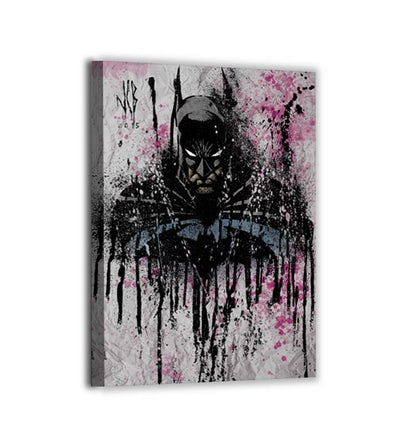 Canvas — gritty noir vigilante rendered in dripping black and pink splashes; bold graphic piece by Jeff Benetiz.