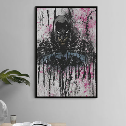 Poster — ink-splatter portrait of a caped vigilante with glowing white eyes on crumpled paper texture; Batman-inspired artwork by Jeff Benetiz.