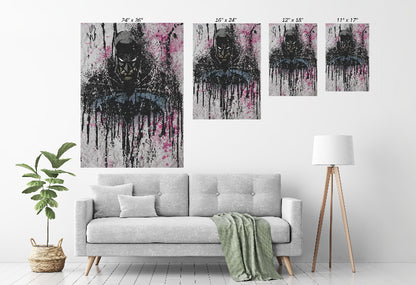 Room mockup — framed splatter-style vigilante portrait as a modern wall centerpiece.