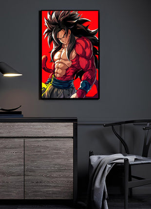 Anime transformation-themed wall art displayed in a modern room setting, showcasing bold color contrast and collector-style presentation