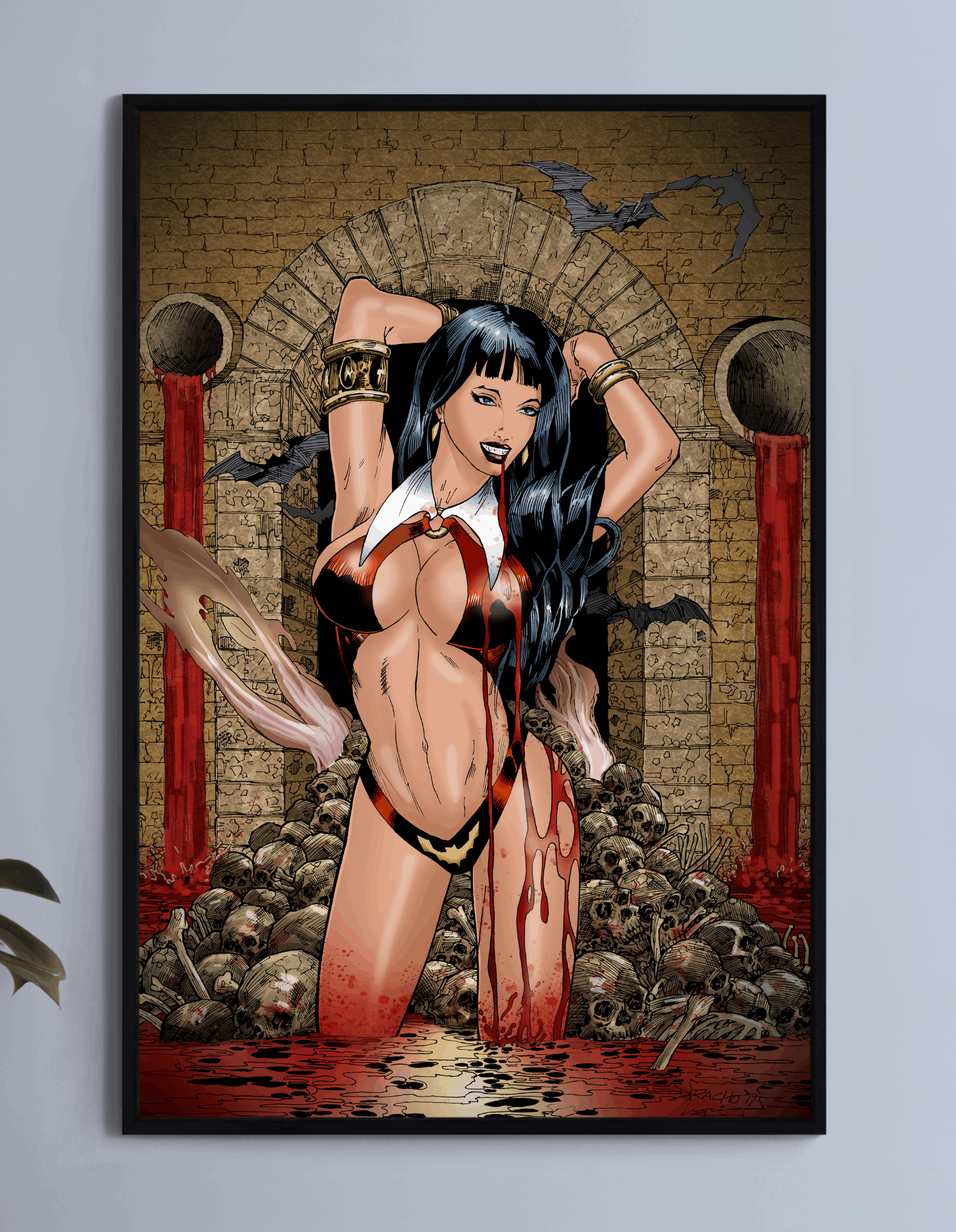 Vampirella-inspired vampire rising from a crimson pool before a stone arch; art by Ray Racho.