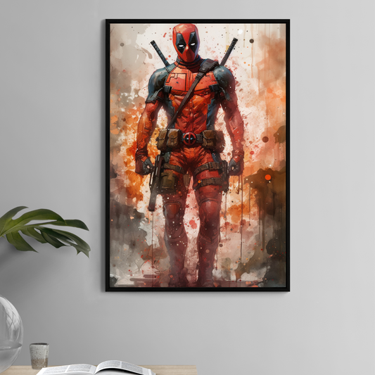 Deadpool 11x17 Marvel print in full gear with red splatter background

