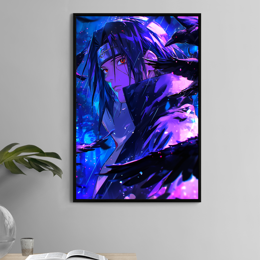 Itachi Uchiha 11x17 anime print with crows, rain, and glowing Sharingan – Snapping Turtle Gallery