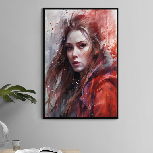 Crimson Hexcaster fantasy portrait print of a red-cloaked sorceress with intense expression – 11x17 premium poster wall art.