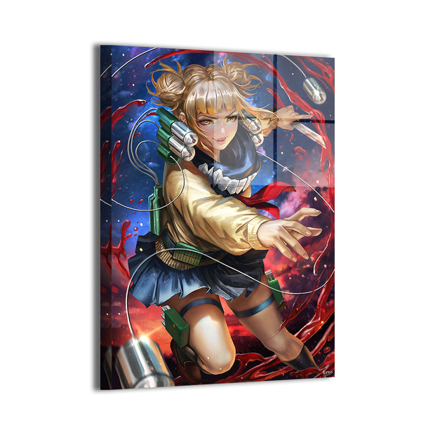 Metal wall art print of Crimson Obsession displaying Himiko Toga with sharp contrast and high-impact anime presentation by Nopeys