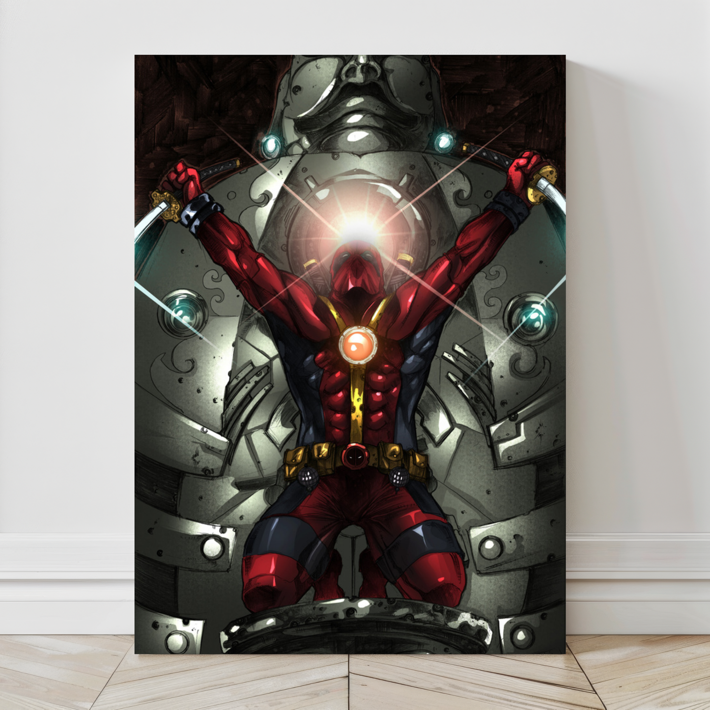 Canvas print of Deadpool charging up energy with katanas raised against a mechanical backdrop  
