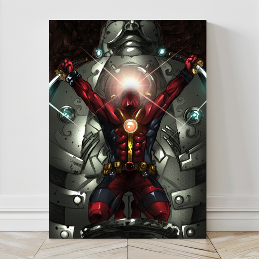 Canvas print of Deadpool charging up energy with katanas raised against a mechanical backdrop  
