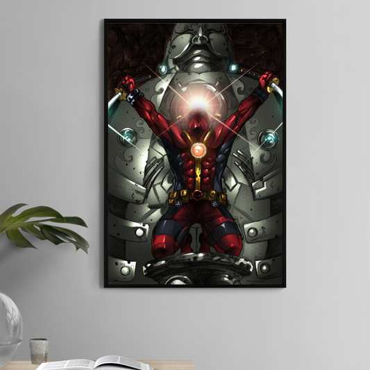 Poster print featuring Deadpool with swords and glowing chest in front of a giant sentinel  
