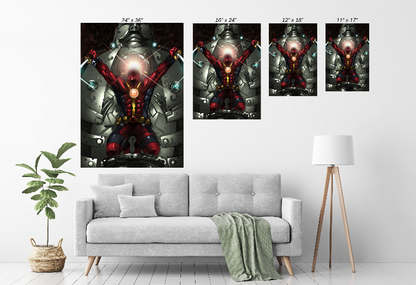 Size Chart Canvas print of Deadpool charging up energy with katanas raised against a mechanical backdrop  
