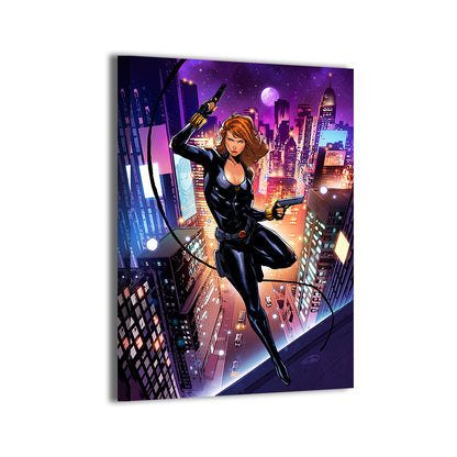 Crimson Shadow Operative Black Widow Canvas Wall Art – Marvel Superhero Artwork by Kevin De Castro

