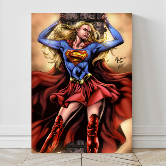 Full-body Supergirl lifting wall debris – large heroic canvas


