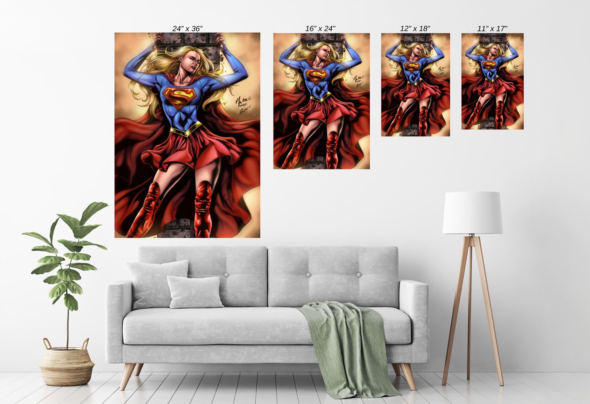 Supergirl flying with wall overhead – size chart poster print