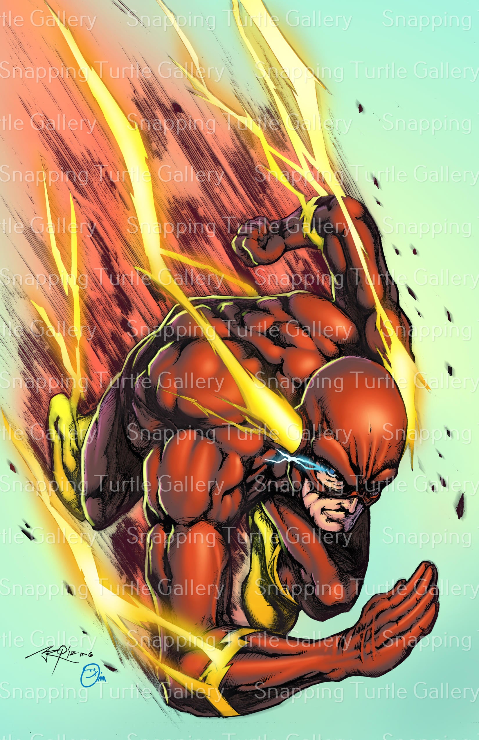  12x18 metal wall art of red-suited comic speedster surrounded by electricity