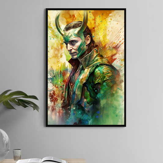 Loki 11x17 Marvel print in green armor with horned helmet and abstract chaos