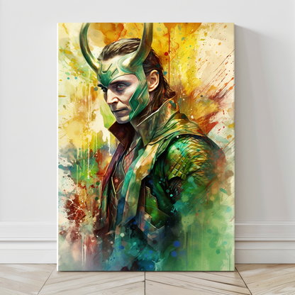 Large Marvel Loki canvas wall art with regal pose and colorful aura