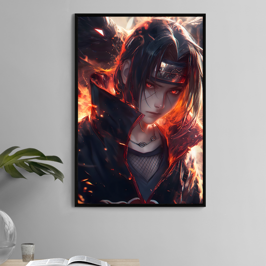 11x17 print of Itachi Uchiha in Akatsuki cloak surrounded by fire and crows – Snapping Turtle Gallery