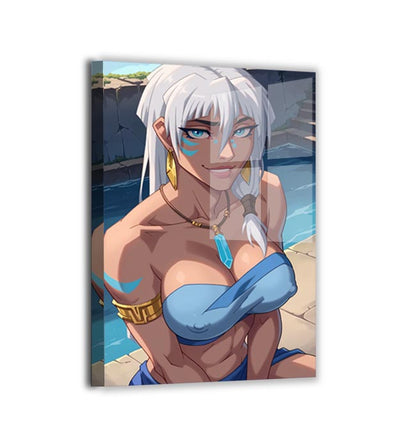 Metal — sleek metallic finish highlighting crystal necklace, tan tones, and vivid tropical color; art by Glavakolhoza.