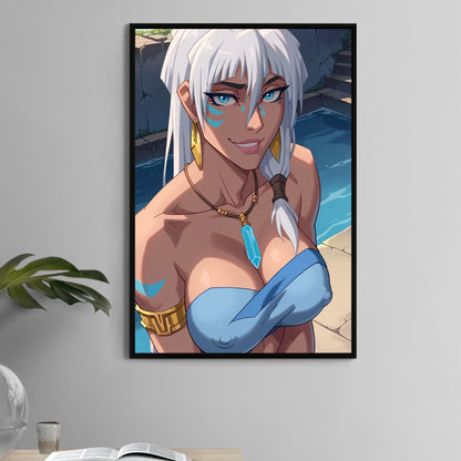 Poster — Atlantean princess at a sunlit pool, crystal pendant and gold accents, tropical ruins; artwork by Glavakolhoza.